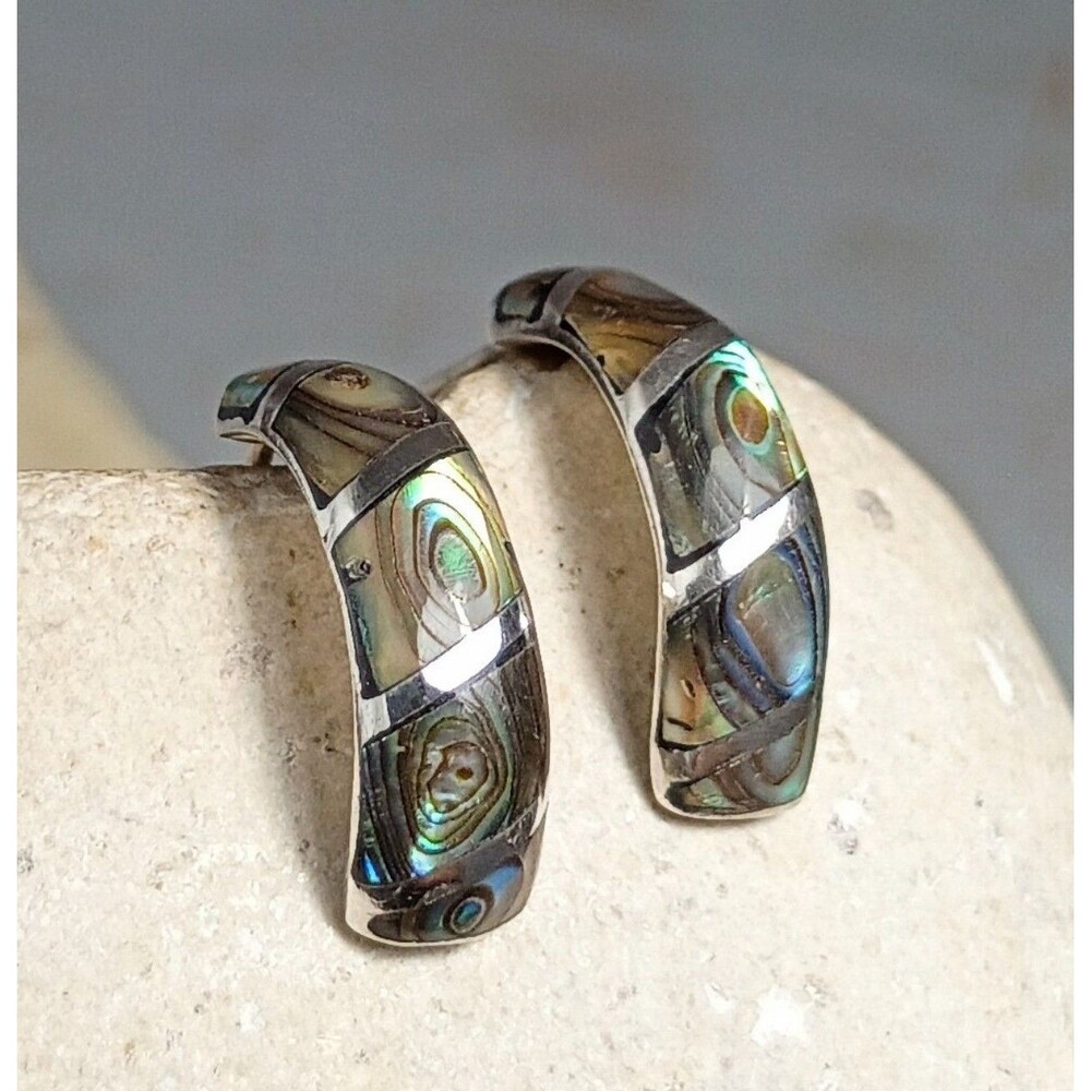 Vintage Southwestern Sterling Silver Abalone Shell Inlay Huggie Hoop Earrings